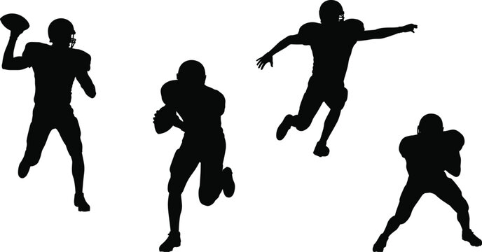 American football player silhouettes, quarterback throwing ball, running athlete action, isolated sports figures, dynamic team motion, professional competition concept