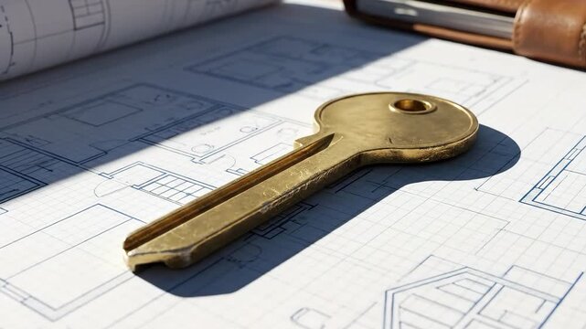 Time-lapse video of shadows moving across a golden key on architectural blueprints, symbolizing home ownership and project completion