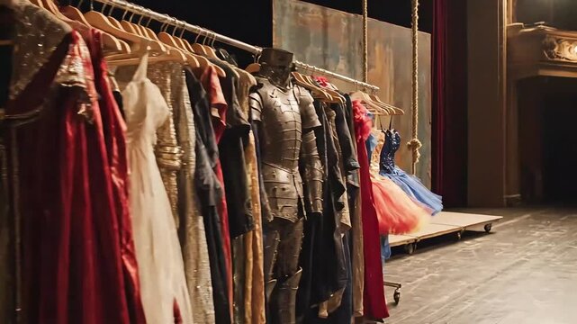 Historical costumes and props in a dark backstage theater room