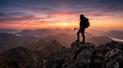 Fototapeta premium Silhouetted Mountaineer Standing on Summit at Sunset with Dramatic Sky