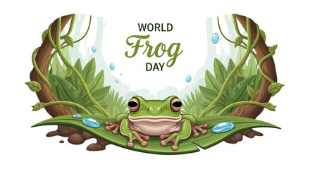 Illustration of a green frog sitting on a lily pad surrounded by leaves and water droplets with World Frog Day text in a natural setting. © Partono
