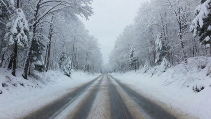 Snow-covered forest road on a winter day.