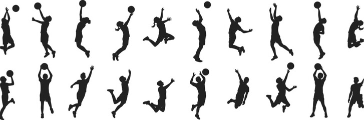 basketball player jumping silhouettes collection, men and women athletes shooting catching ball poses isolated black sport silhouettes set © Md