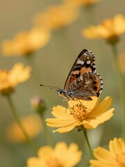 Obraz premium Brown and Orange Butterfly Perched on a Yellow Flower in a Blurred Field of Yellow Blooms