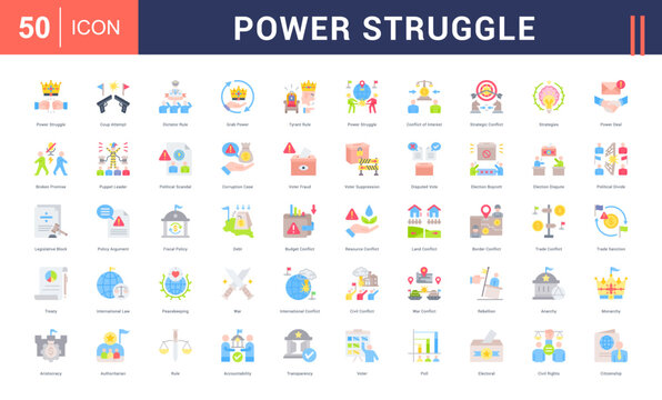 Power Struggle Icon Set. power struggle, coup attempt, dictator rule, grab power, tyrant rule and more. Flat vector icons collection.