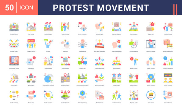 Protest Movement Icon Set. protest march, civil unrest, public dissent, violent protest, arrest protester and more. Flat vector icons collection.