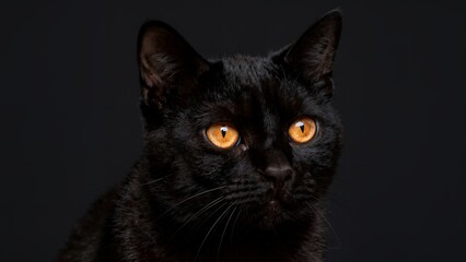 Obraz premium Close-up of Black Cat with Glowing Orange Eyes Against Dark Background