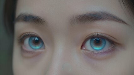 Fototapeta premium Close-up of a Young Woman with Striking Blue Eyes, Detailed Facial Features, High-Resolution Portrait
