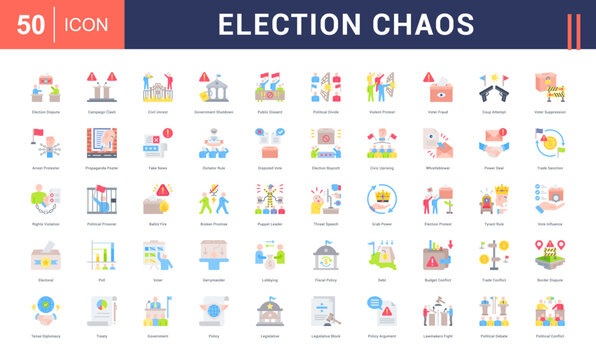Election Chaos Icon Set. election dispute, campaign clash, civil unrest, government shutdown, public dissent and more. Flat vector icons collection.