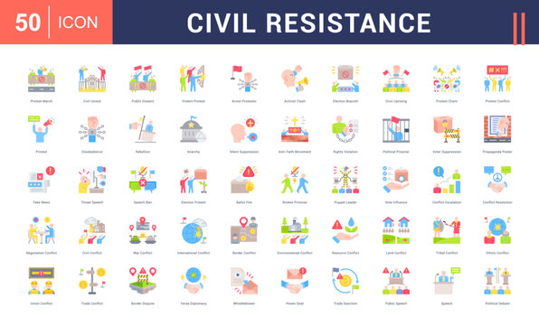 Civil Resistance Icon Set. protest march, civil unrest, public dissent, violent protest, arrest protester and more. Flat vector icons collection.