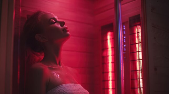 Young caucasian female relaxing in red-lit sauna cabin