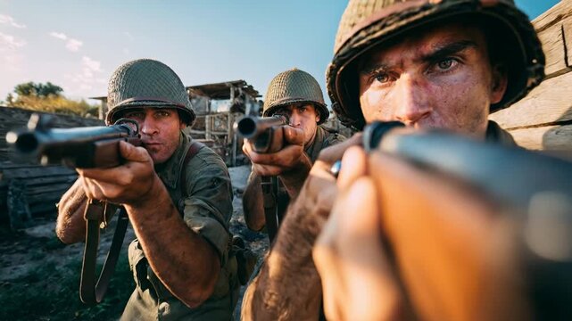 Armed soldier aiming rifle toward camera from trench capturing intense moment of confrontation danger and readiness during brutal military engagement