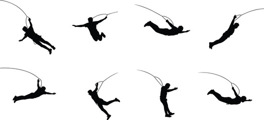 bungee jumping silhouettes collection, extreme sport jumping action poses, adventure rope jump isolated black adrenaline sport silhouettes set © Md