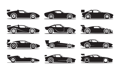Collection of modern sports cars with aerodynamic designs and sleek silhouettes in a flat vector art style © Moni