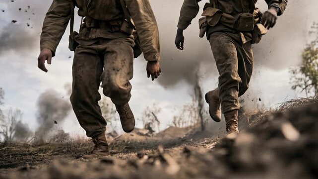 Soldiers sprinting across open battlefield under heavy explosions illustrating courage urgency and relentless momentum during fierce wartime offensive