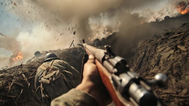 Infantry soldiers climbing steep trench under bombardment portraying teamwork bravery and desperate struggle for survival during historic battlefield assault
