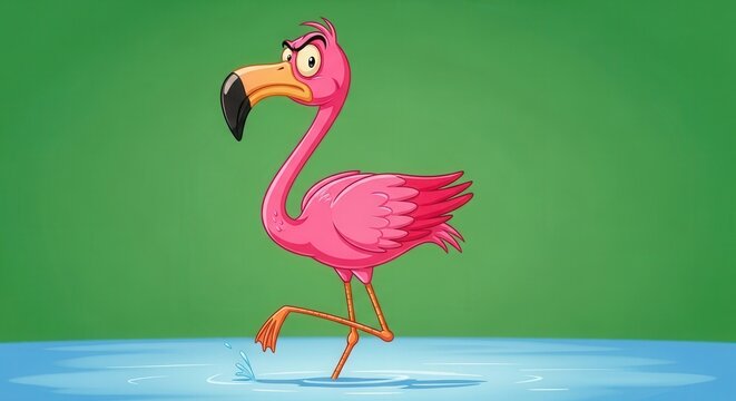 Colorful Cartoon Flamingo Walking on Water Against Green Background