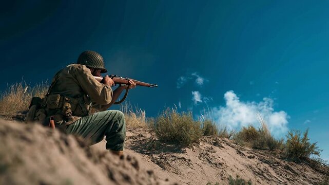 Soldier aiming rifle from sandy trench under open blue sky portraying vigilance discipline and tactical positioning during frontline combat operations