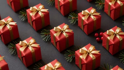 Fototapeta premium Festive Red Gift Boxes with Gold Ribbons and Evergreen Branches on a Dark Background