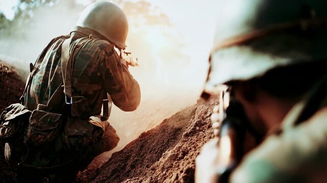 Soldiers exchanging fire across dusty trench line during intense combat moment showing teamwork courage and relentless pressure of frontline warfare