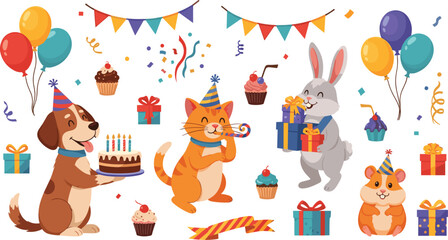 Obraz premium Cute Cartoon Animal Birthday Party Set with Dog Cat Rabbit Hamster Balloons Cake Gifts and Celebration Decorations Vector Illustration Collection