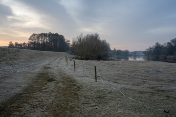Mroźny poranek nad rzeką Wartą - widoczne ogrodzenie dla bydła i wał chroniący przed powodzią © qrrr