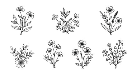 Delicate floral arrangements in a minimalist black and white line drawing style