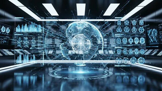 Futuristic holographic globe displaying digital data in a high tech server room with glowing blue screens and reflections