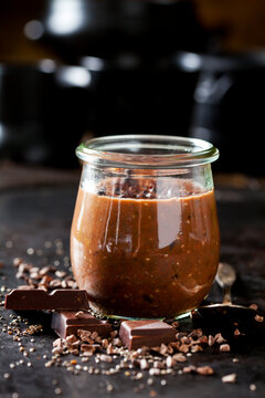 Dessert of chia seeds, chocolate and cacao nibs