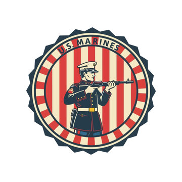 Classic us marines emblem featuring a rifle-bearing marine in dress uniform