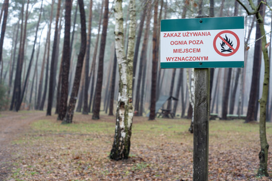Leśny teren biwakowy z tablicą informującą o zakazie używania ognia poza wyznaczonymi do tego celu miejscami