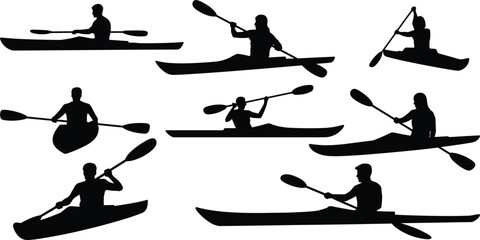 kayaking athlete silhouettes collection, canoe and kayak paddlers rowing boats isolated black water sport adventure activity set