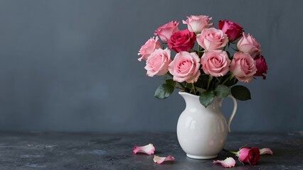 Fototapeta premium Pink Roses in White Vase on Dark Stone Table with Scattered Petals