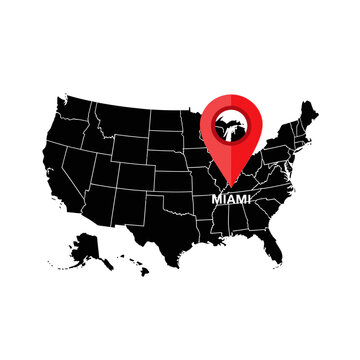 United States map illustration with Miami location pin highlighting popular destination city
