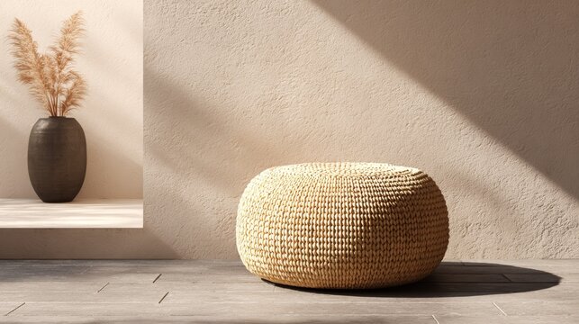 Woven straw pouf rests on floor with warm lighting