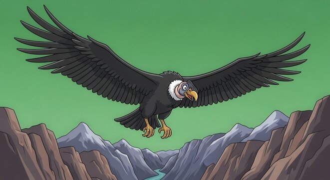 Majestic Black Vulture Soaring Over Mountain Range with Green Sky
