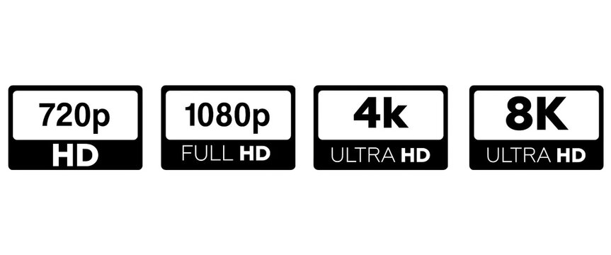 Video Resolution Labels Set, 720p 1080p 4K 8K Ultra HD Quality Icons Collection