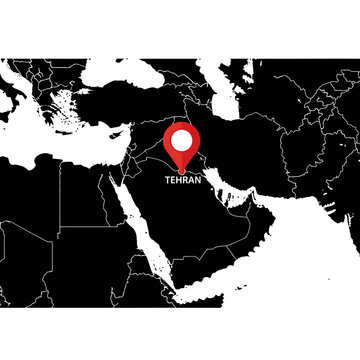 Tehran's location on middle east map with red pinpoint depicting capital city's position