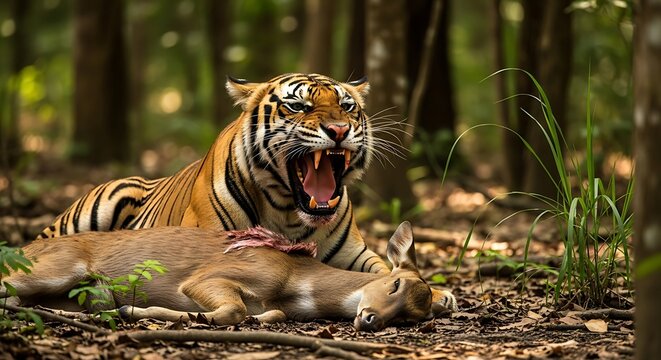 Powerful Bengal Tiger Roaring Over Its Prey in the Dense Forest.