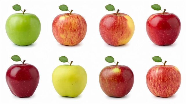 Variety of apples arranged in grid composition isolated on white background