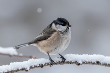 Obraz premium Small Bird Perched on a Frosty Snow-Covered Branch in Winter with Blurred Background