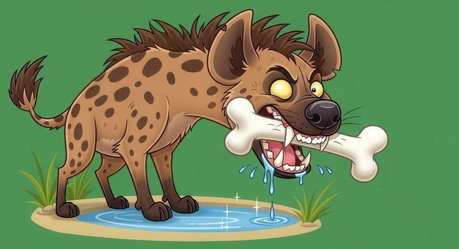 Cute Hyena Cartoon Character Playing with a Bone Near Water Splash