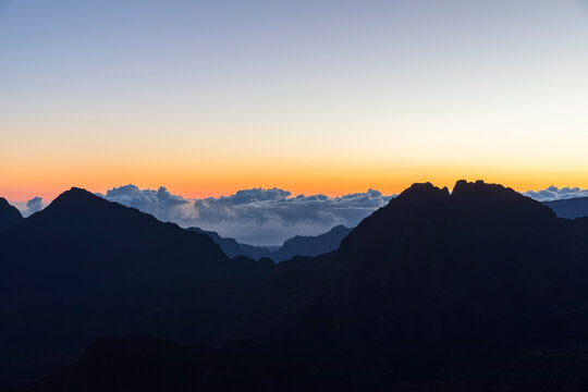 Reunion, Reunion National Park, View from Pito Maido to Cirque de Mafate, Gros Morne and Piton des Neiges, dawn