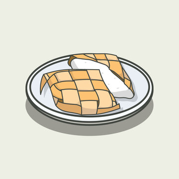 Flat cartoon illustration of ketupat on a plate, typical Eid food, Indonesian food