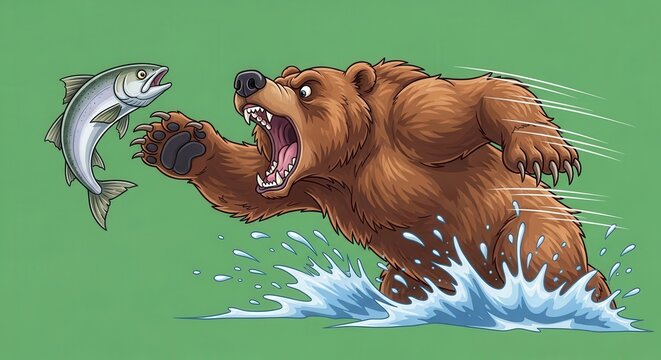 Fierce Brown Bear Attacking Fish in Water Action Scene