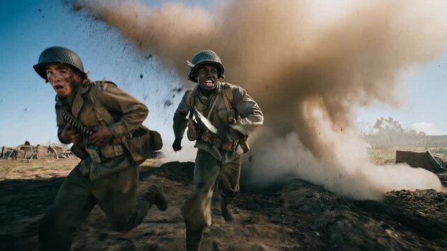 Infantry soldiers running as massive explosion erupts behind them capturing urgency chaos and survival instinct during violent battlefield assault