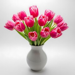 Obraz premium Fresh pink tulips arranged in a white vase on a clean background