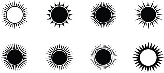 A set of vector sun silhouettes in various line art styles and designs for creative projects