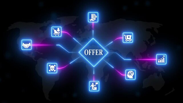 Neon Business Offer Concept with Global Connections and neon signs marketing financial symbols commerce digital offer concept
