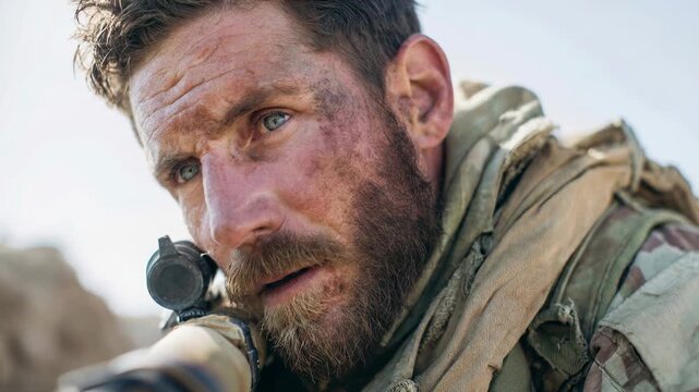 Battle worn sniper aiming carefully across battlefield terrain capturing patience concentration and deadly precision during military operation